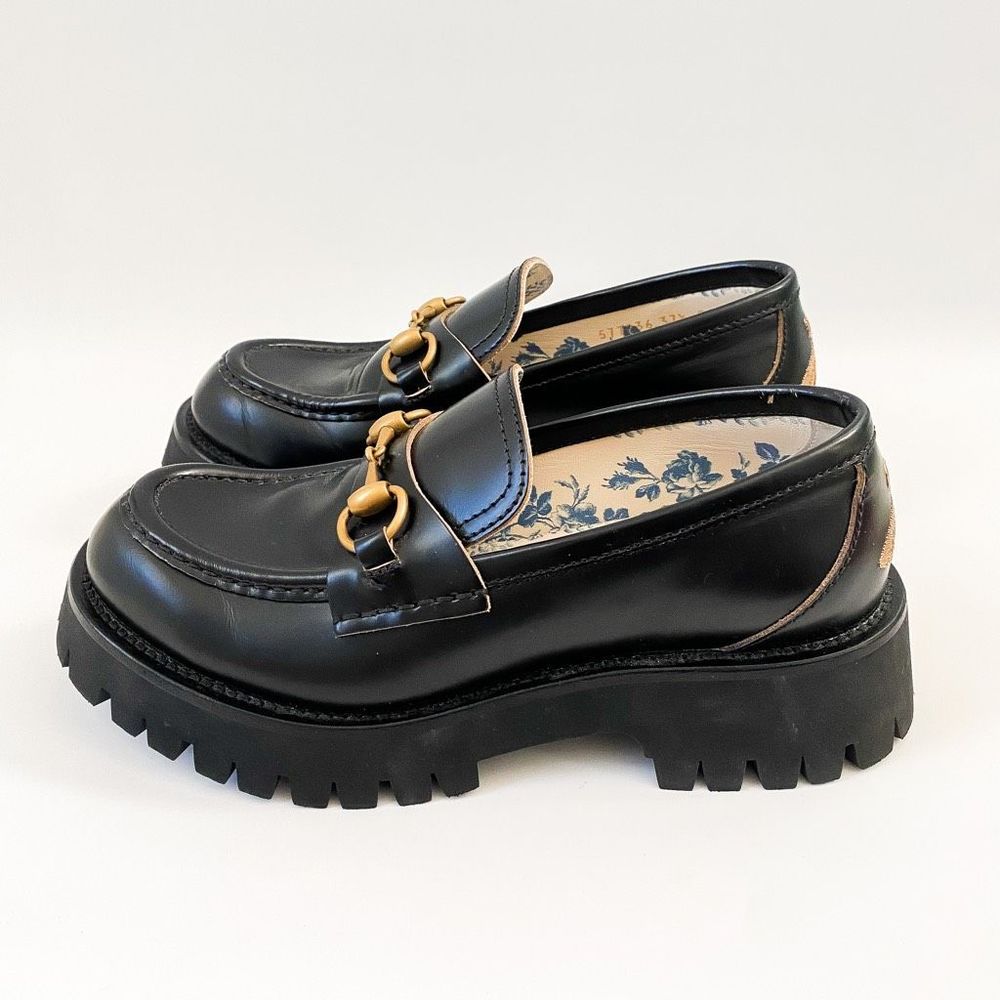 Gucci Loafers Lug Sole Chunky Black Leather Horsebit Size 37.5, 7.5 - Picture 4 of 14